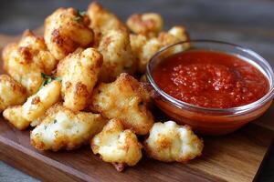 Realistic deep fried cheese curds served with marinara sauce on white background close up photo