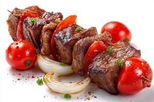 Grilled beef kababs and cherry tomatoes on clean white background photo