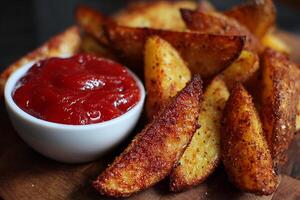 Realistic crunchy potato wedges served with spicy ketchup on white background close up photo