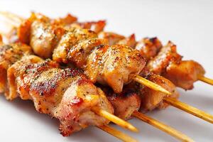 Realistic grilled chicken skewers served on bamboo sticks with white backdrop photo