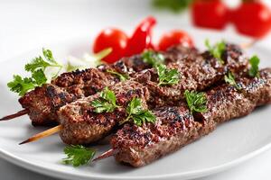 Grilled Turkish style adana beef kababs placed on white minimalist backdrop photo