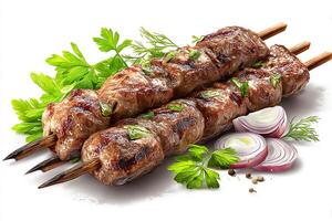 Traditional style grilled kababs placed neatly on a plain white backdrop photo