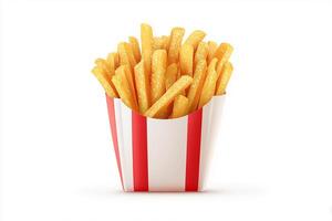 Delicious crispy French fries served fresh in paper container white background photo