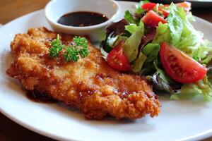 Realistic deep fried chicken cutlet served with fresh side salad on white background photo