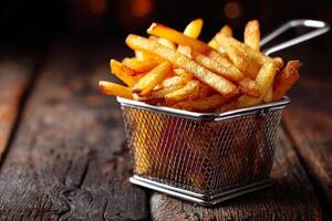 Realistic French fries served in metal basket on rustic table isolated on white photo