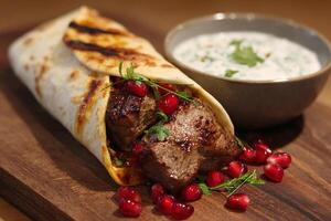Realistic grilled lamb wrap with pomegranate seeds served on white background photo
