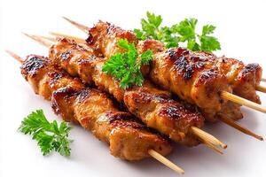 Grilled chicken skewers with smoky finish on bamboo sticks and white surface photo