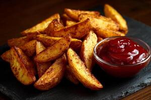 Delicious crunchy potato wedges dipped in spicy ketchup isolated on white background photo