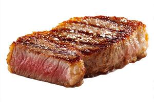 Realistic grilled Wagyu beef steak with crispy golden crust served on white plate photo