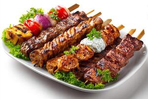 Juicy assorted grilled skewers combo platter with vibrant colors close up photo
