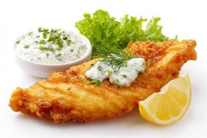Crispy golden fried fish fillet with fresh tartar sauce isolated on clean white surface photo