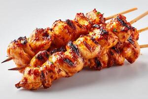 Realistic grilled spicy chicken skewers with char marks served on white background photo
