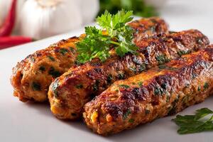 Tender grilled chicken seekh kababs with flavorful herbs served for dinner photo