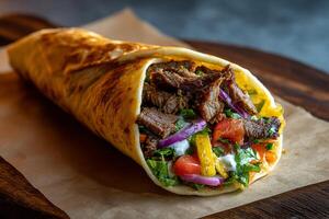 Realistic Beef Shawarma Wrap Served on Parchment Paper Close Up photo