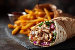 Grilled Beef Shawarma Wrap Plated on Parchment Paper Realistically photo