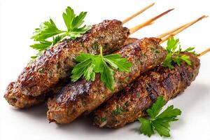 realistic grilled kofta skewers garnished with fresh parsley on white background photo