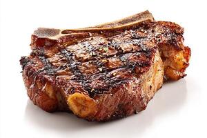 Deliciously grilled cowboy bone in steak with charred edges on white background photo