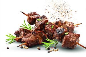 Grilled beef kababs seasoned with cumin seeds on white surface photo