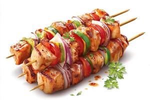Tender grilled chicken shashlik with bell peppers served on white surface photo