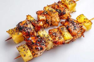 Realistic grilled chicken and pineapple skewers on white background close up photo