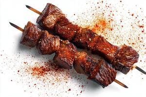 Realistic grilled beef skewers with paprika dust on white background photo