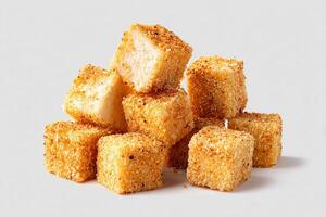 Golden Fried Tofu Cubes with Crunchy Texture on White Studio Surface photo