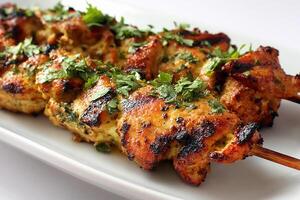 Realistic grilled yogurt marinated chicken kababs served with herbs on white plate photo