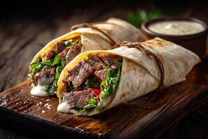 Delicious grilled lamb wrap topped with tahini sauce placed on wooden background photo