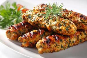 Realistic grilled chicken seekh kababs garnished with fresh herbs on white plate photo