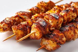 Delicious spicy chicken skewers grilled with perfect char on clean white surface photo