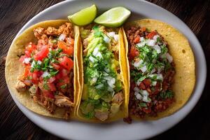 Delicious tacos filled with chicken beef and vegetables arranged on white surface photo
