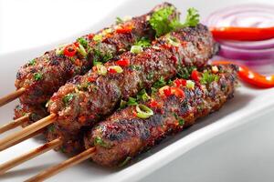 realistic grilled lamb kofta skewers served hot on clean white background close up photo