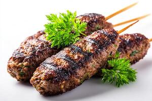 Delicious grilled minced beef kofta kababs with smoky char marks on white surface photo