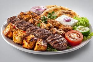 Realistic grilled spicy kabab platter served on white background close up photo