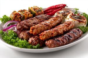 Mouthwatering grilled spicy kababs arranged on platter ready to enjoy in vivid detail photo