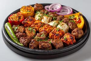 Delicious assortment of grilled spicy kababs with vibrant colors on white background photo