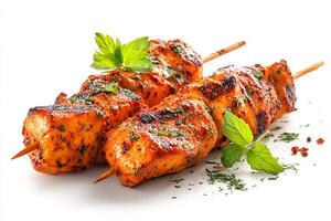 High quality photo of grilled spicy chicken kababs garnished with herbs on white background