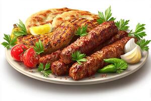 High quality photo of mixed grilled spicy kabab platter isolated on clean white surface