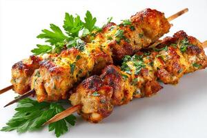 Realistic grilled chicken kababs with flat parsley on white background photo