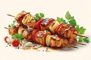 Realistic grilled chicken shashlik skewers with vegetables on white background photo