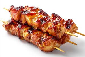 Barbecue chicken skewers grilled fresh on white surface photo