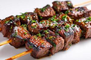 Delicious Mongolian beef skewers grilled to perfection with smoky char marks image photo