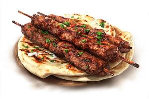 Realistic grilled beef kababs on flatbread with white background photo