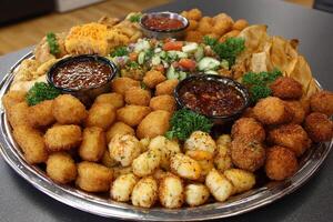 Realistic Assorted Fried Appetizers on Party Platter with Golden Crisp photo