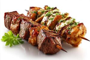 Delicious mixed chicken and beef grilled skewers with smoky char marks on white surface photo