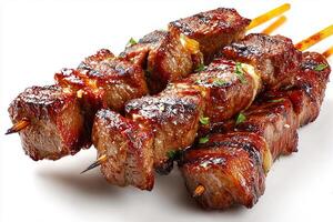 Realistic Grilled BBQ Beef Skewers on Clean White Background photo