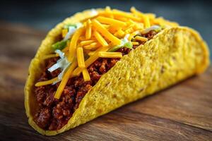 Realistic Beef Taco with Corn Tortilla and Cheddar Cheese Close Up photo