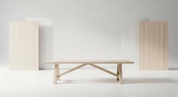 A table and two doors in a white room photo