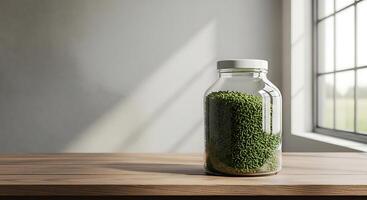 A glass jar filled with grass sitting on a table photo