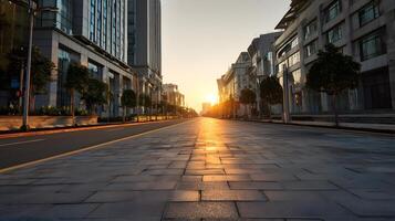 Empty Urban Street at Sunset with Modern Buildings and Tree-lined Sidewalks photo